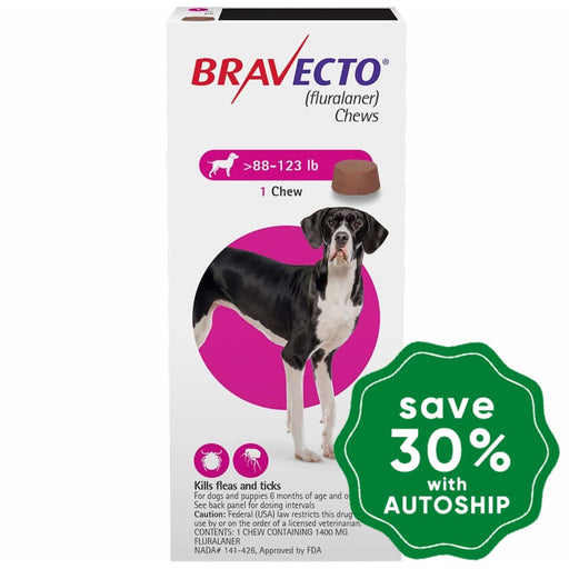 Bravecto (Fluralaner) - Flea And Tick Protection Chewable For Dogs 40-56Kg Pink 1 Chew