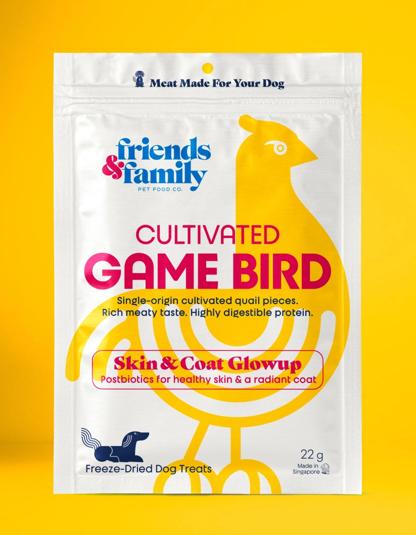 A stand-up pouch of Friends & Family Pet Food Co. dog treats, specifically 'Cultivated Game Bird' freeze-dried dog treats.