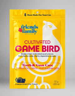 Package of freeze-dried cat treats with a yellow background and white bird illustration.
