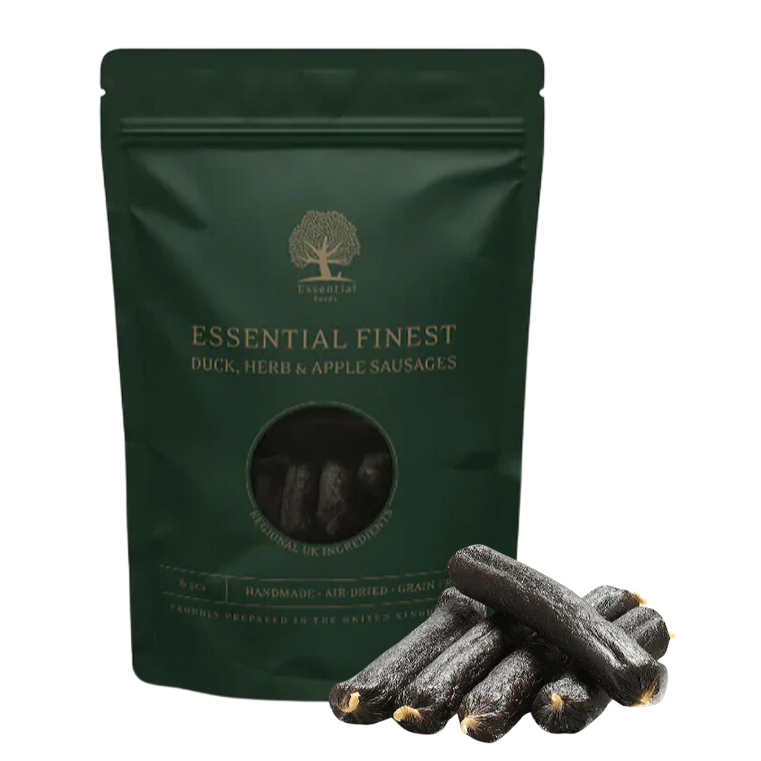 Essential Foods - Dried Treats For Dogs Finest Duck Herb & Apple Sausages 120G (Exp:27/07/2024)