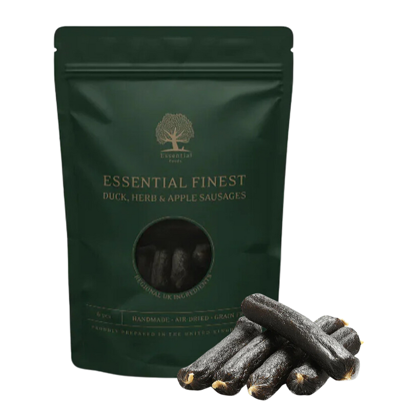Essential Foods - Dried Treats For Dogs Finest Duck Herb & Apple Sausages 120G (Exp:27/07/2024)