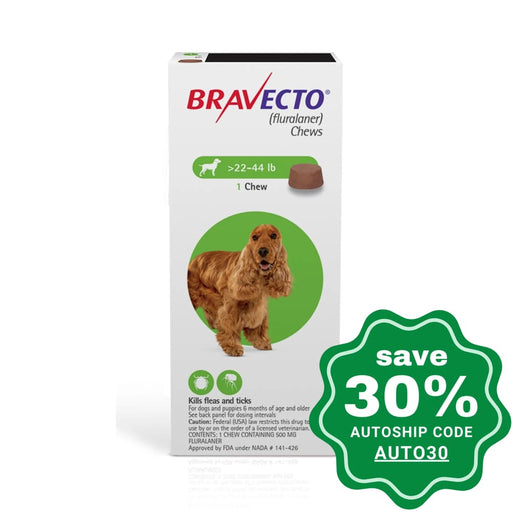 Bravecto (Fluralaner) - Flea And Tick Protection Chewable For Dogs 10-20Kg Green 1 Chew
