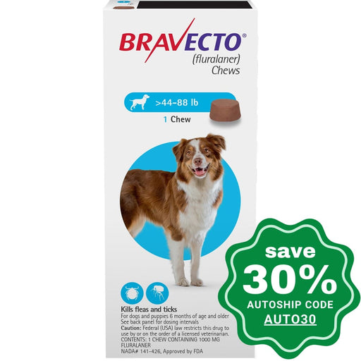 Bravecto (Fluralaner) - Flea And Tick Protection Chewable For Dogs 20-40Kg Blue 1 Chew