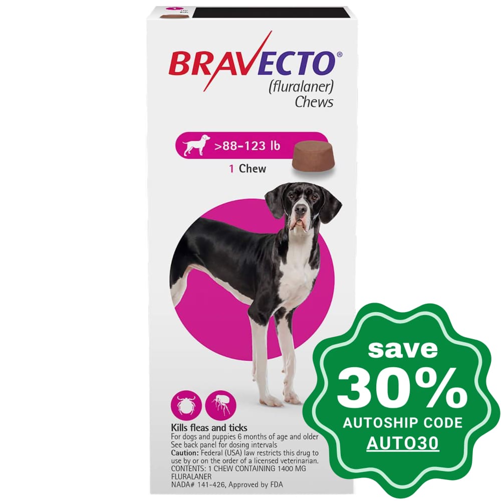 Bravecto (Fluralaner) - Flea And Tick Protection Chewable For Dogs 40-56Kg Pink 1 Chew