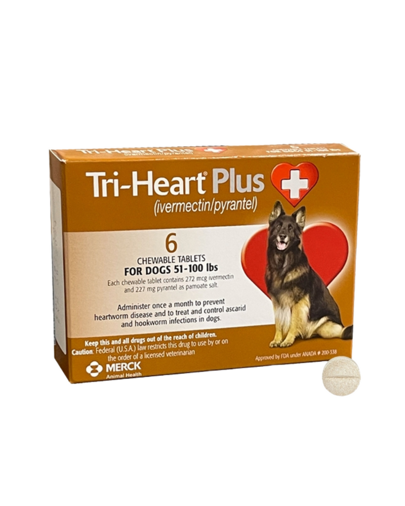 Tri-Heart Plus - Chewable Worm Prevention Tablet For Large Dogs 51-100LB (Brown) - 6TABS