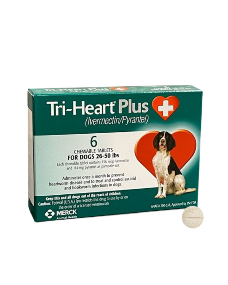 Tri-Heart Plus - Chewable Worm Prevention Tablet For Medium Dogs 26-50LB (Green) - 6TABS