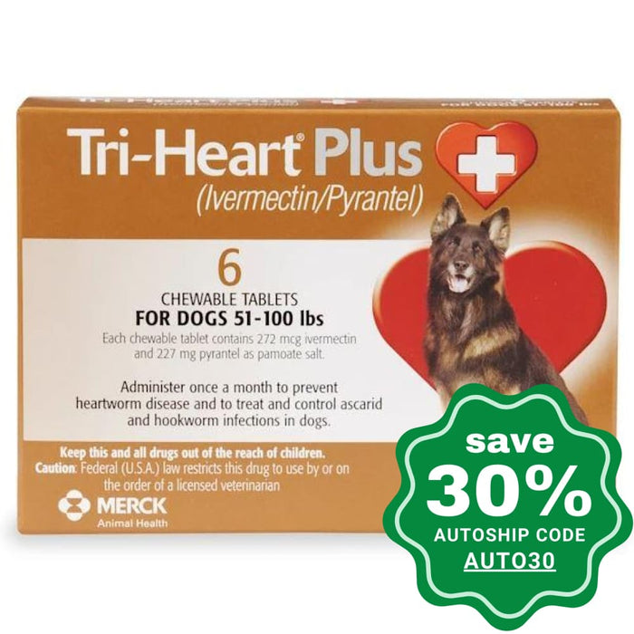 Triheart Plus - Chewable Worm Prevention Tablet For Large Dogs 50-100Lb (Brown) 6Tabs