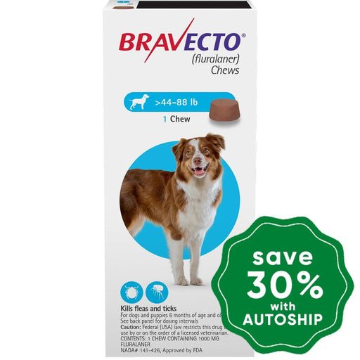 Bravecto (Fluralaner) - Flea And Tick Protection Chewable For Dogs 20-40Kg Blue 1 Chew
